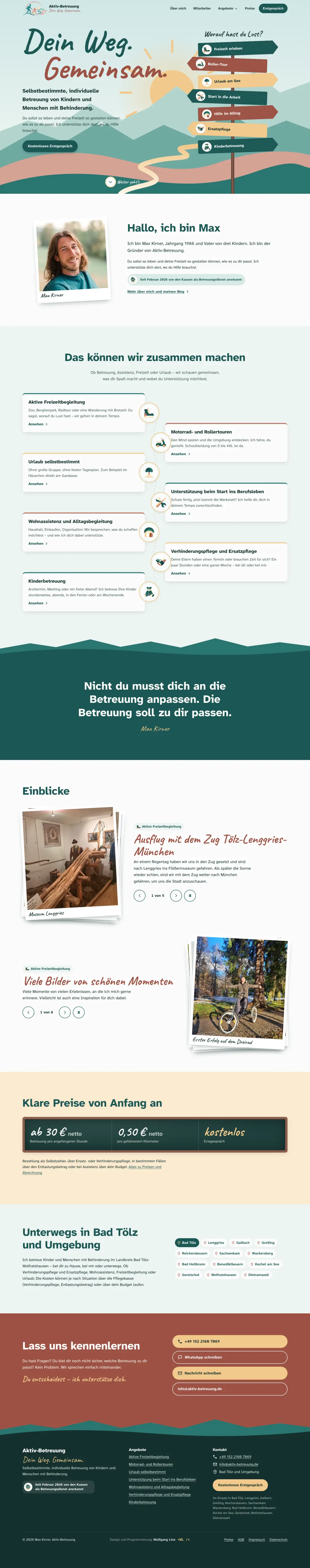 Website von Aktiv-Betreuung mit illustriertem Wegweiser und Bedienleiste für Vorlesen, Schrift und Kontrast, ganze Startseite