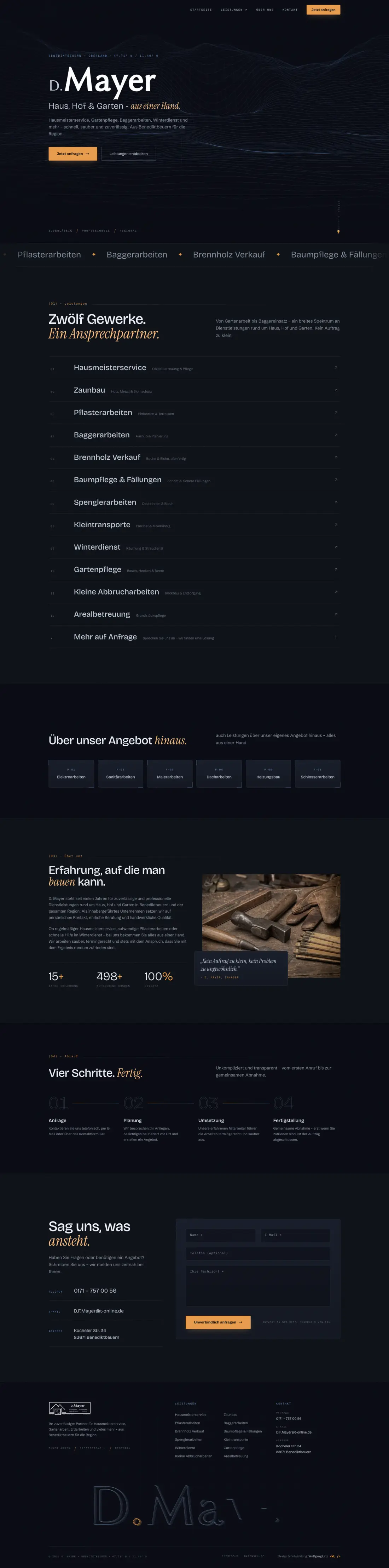Website von D. Mayer Service mit gezeichneter Landschaft aus Linien, ganze Startseite