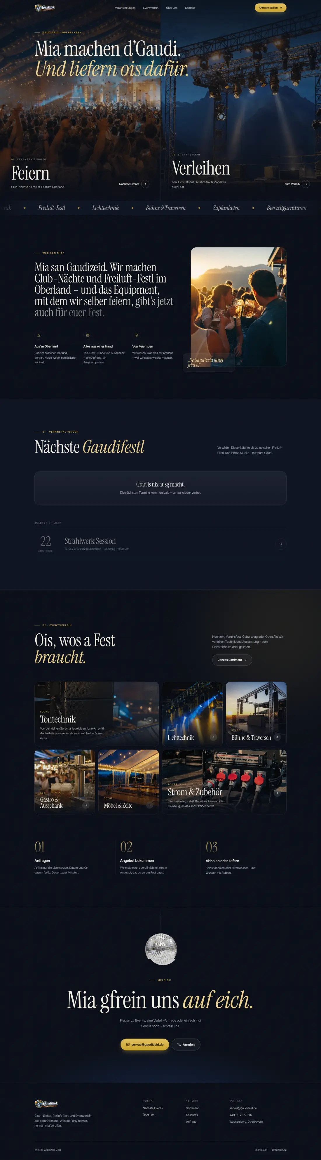 Website von Gaudizeid, geteilt in Veranstaltungen und Eventverleih, ganze Startseite
