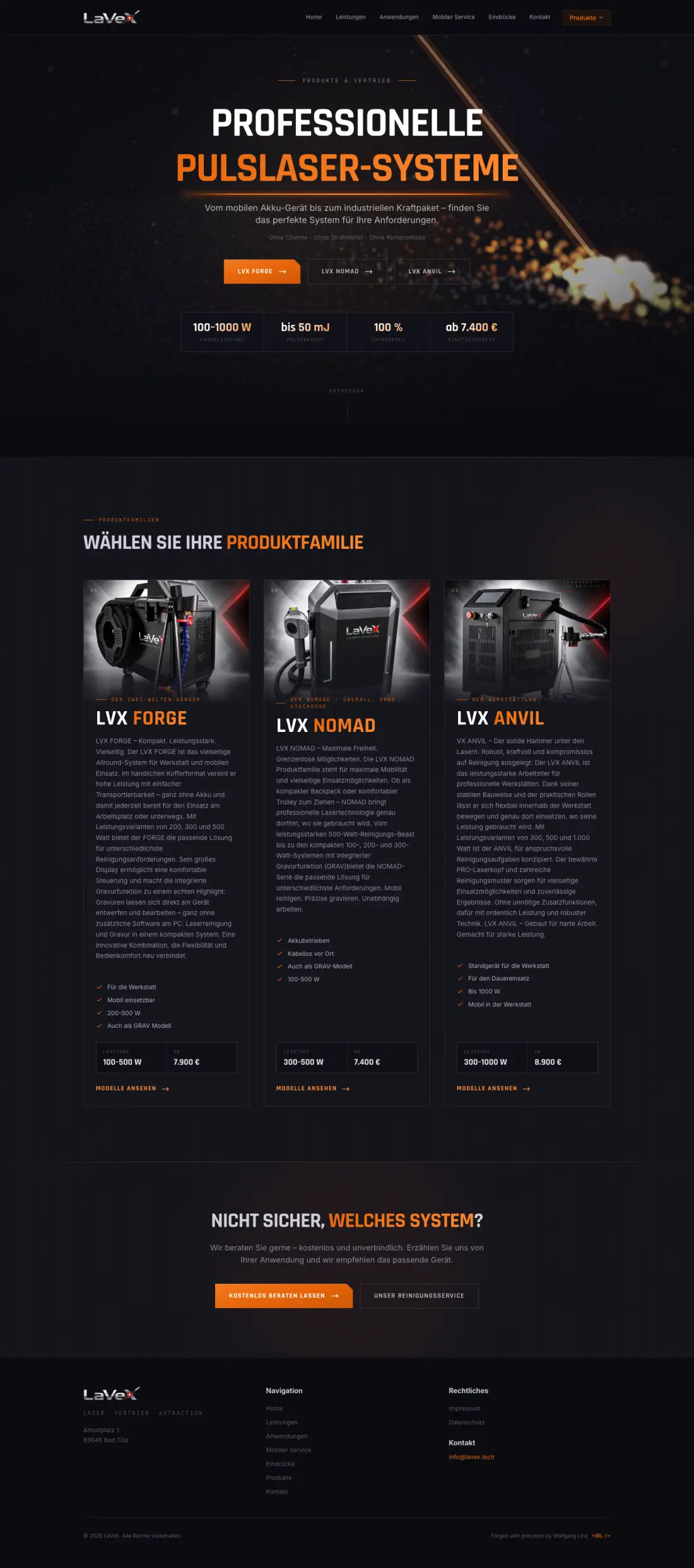 Produktseite von LaVeX mit den Pulslaser-Familien Forge, Nomad und Anvil, ganze Seite